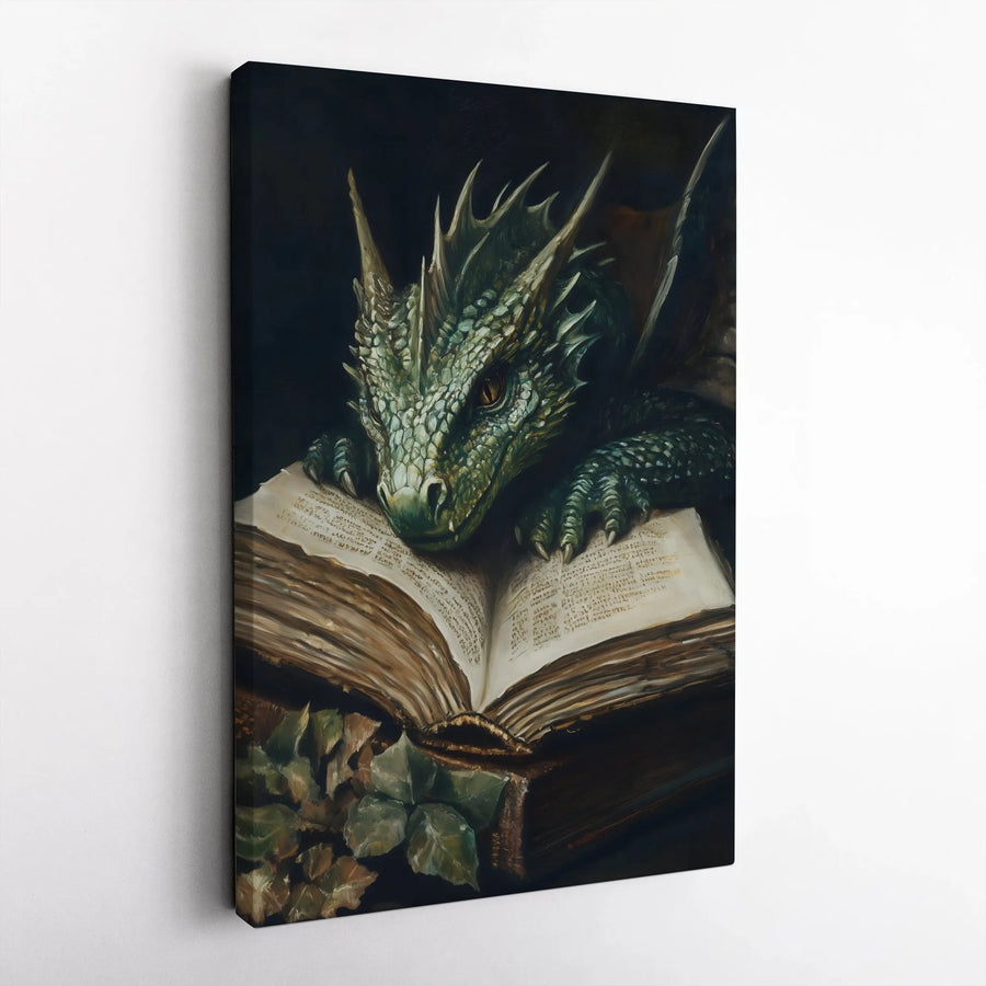 Green Dragon Reading Book Canvas | Enchanted Forest Fantasy Wall Art | Gallery Wrapped Premium Decor | Gift For Book Lovers And Gamers