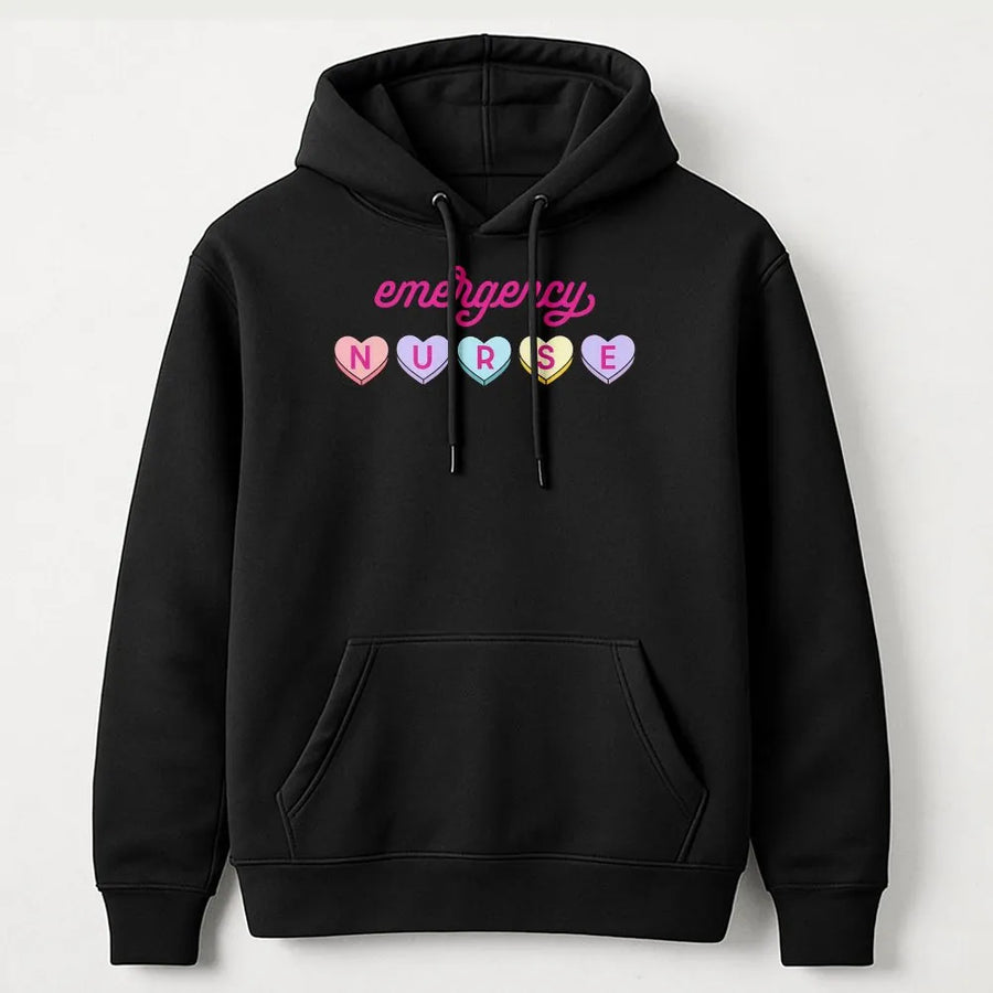 Emergency Nurse Valentine Hoodie | Candy Heart ER Medical Graphic | Premium Cotton Blend | Funny Nursing Student Gift for Her