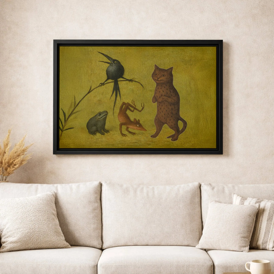 Bizarre Medieval Animal Canvas Print | Quirky Cat Bird Frog Fox Folk Art | Gallery-Quality 1.25” Thick Canvas | Dark Academia Home Decor