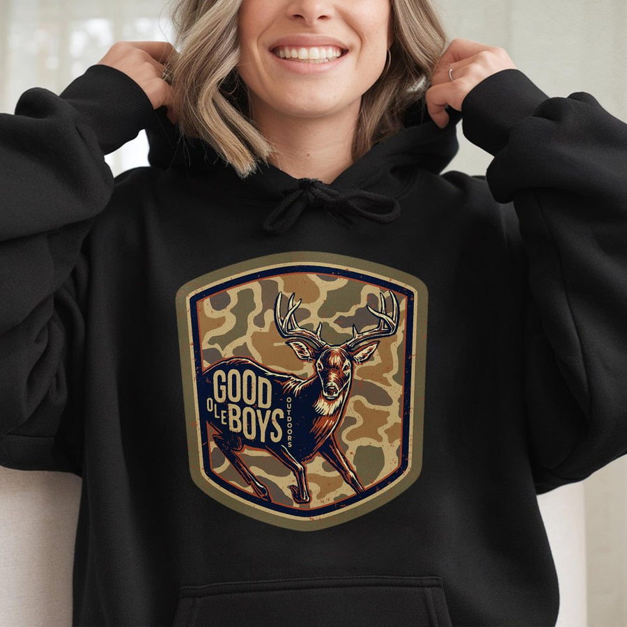 Good Ole Boys Outdoors Hoodie Buck Deer Graphic With Camo Shield Southern Hunting Hoodie For Country Men