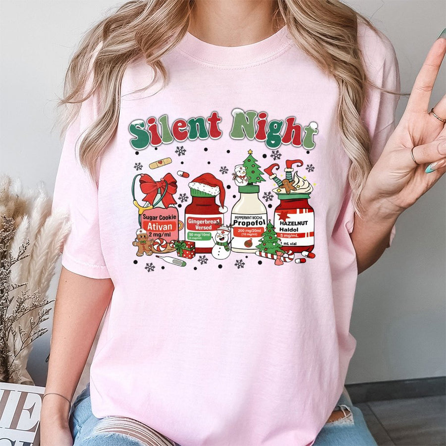 Silent Night Nurse Christmas T-Shirt | Funny ICU Meds Graphic Tee | 100% Cotton Premium Quality | Unique Medical Professional Holiday Gift