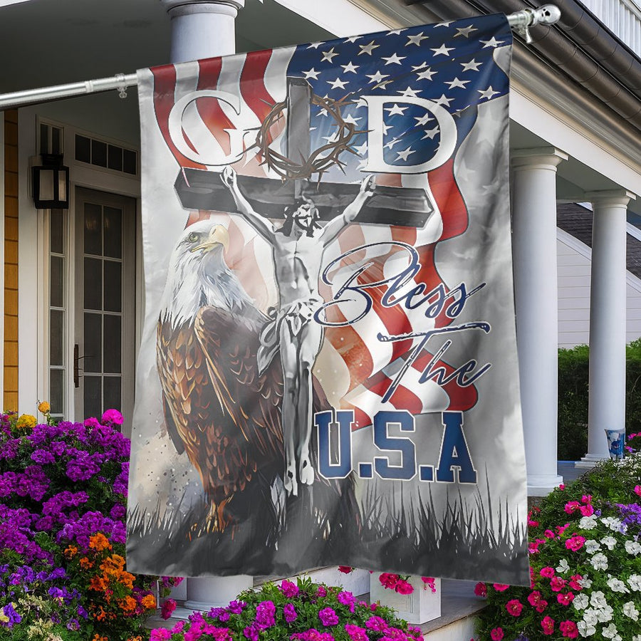 Bless The USA Flag | Christian Eagle and Cross Garden Decor | Premium Fade-Resistant Polyester | Patriotic Faith House Banner Gift