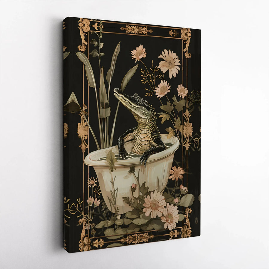 Alligator in Bathtub Wall Art | Whimsical Botanical Floral Canvas Print | Premium Gallery-Wrapped 1.25" Profile | Quirky Bathroom Home Decor Gift