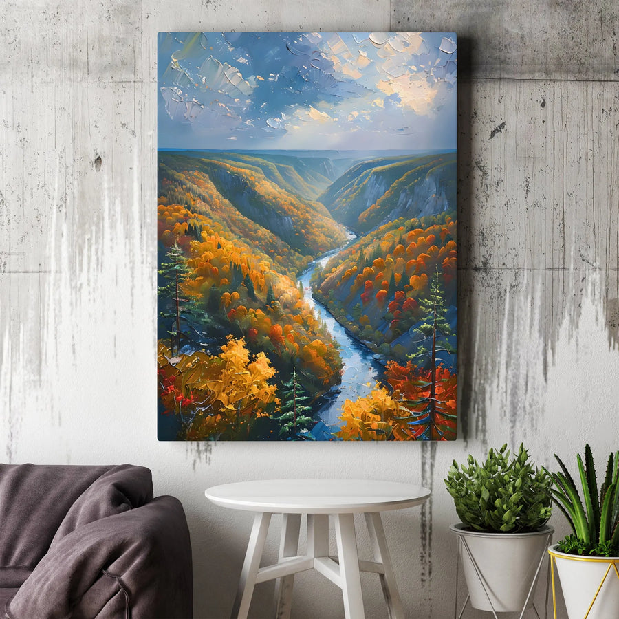 Autumn River Valley Canvas Wall Art | Impasto Fall Foliage Landscape | Premium Fade-Resistant Print | Gallery-Quality Home Decor Gift