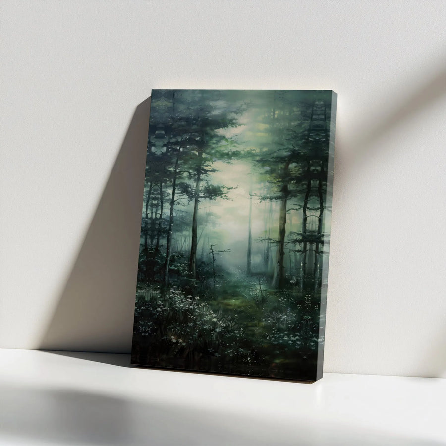 Misty Forest Canvas Wall Art | Moody Woodland Painting with Ethereal Pine Trees | Premium Fade-Resistant Print | Nature Lover Home Decor Gift