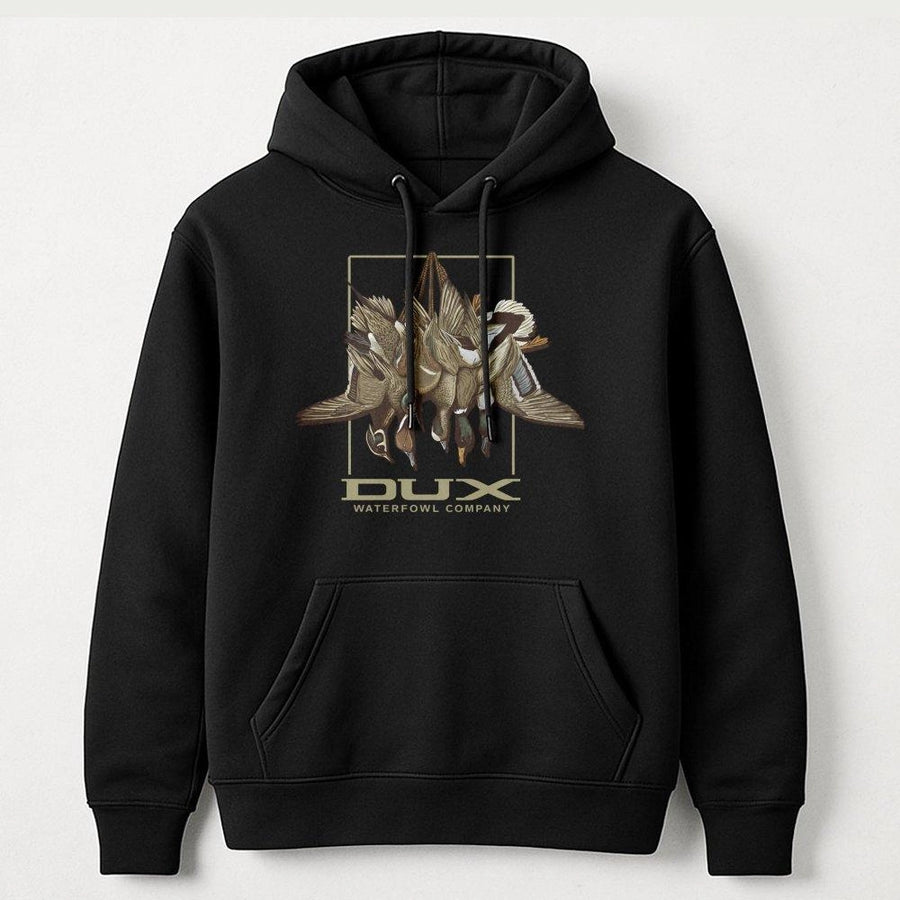 Dux Waterfowl Company Hoodie | Realistic Hanging Duck Hunting Graphic | Premium Cotton Blend | Gift For Duck Hunters & Outdoorsmen