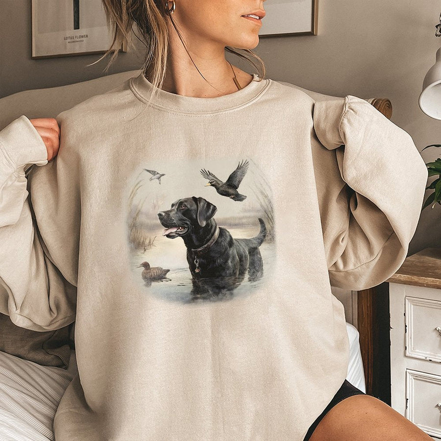 Black Labrador Retriever Sweatshirt | Vintage Hunting Dog Mallard Art | Premium Cotton Blend | Gift for Duck Hunter and Dog Lover