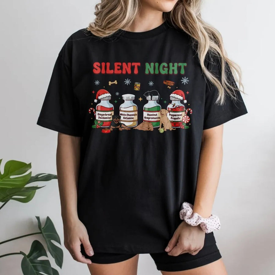 Silent Night Vet Med T-Shirt | Funny Veterinary Christmas Graphic | Premium Soft Cotton Unisex Tee | Gift for Veterinarian Vet Tech Student