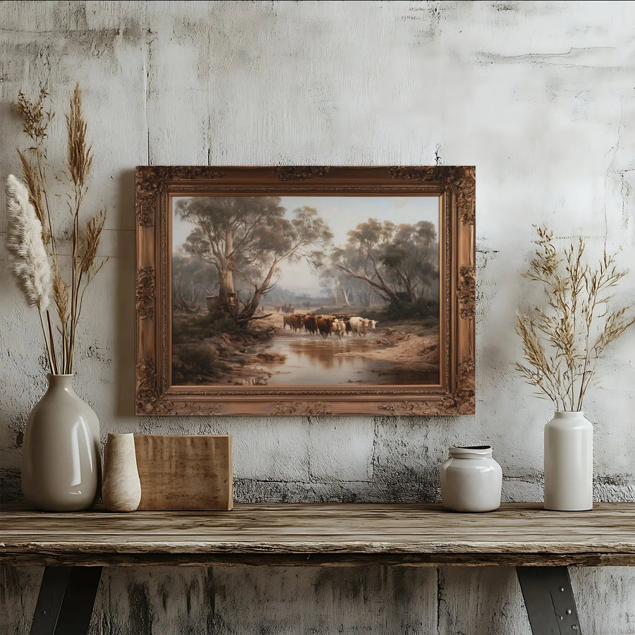 Vintage Cattle Crossing Canvas Print | Rustic Creek Landscape Painting | Premium Fade-Resistant Print | Collector's Farmhouse Wall Decor