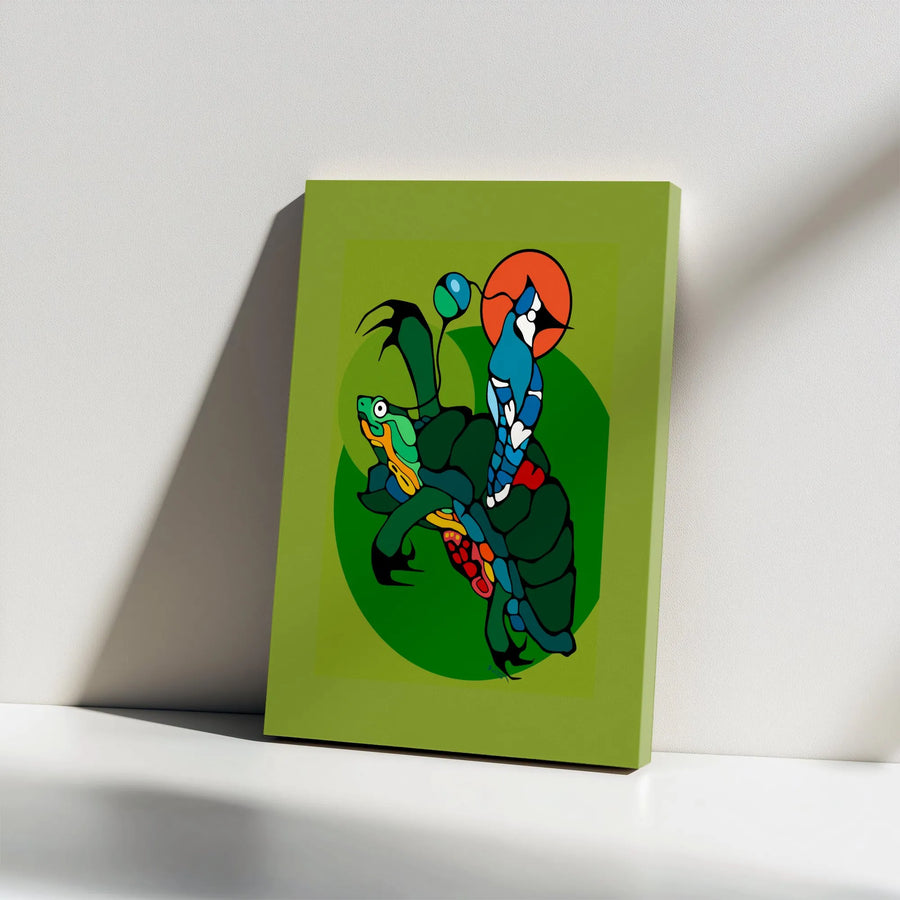 Folk Art Turtle and Bird Canvas | Vibrant Woodland Art Style Illustration | Premium 1.25" Thick Gallery Wrap | Collector's Gift for Eclectic Home Decor