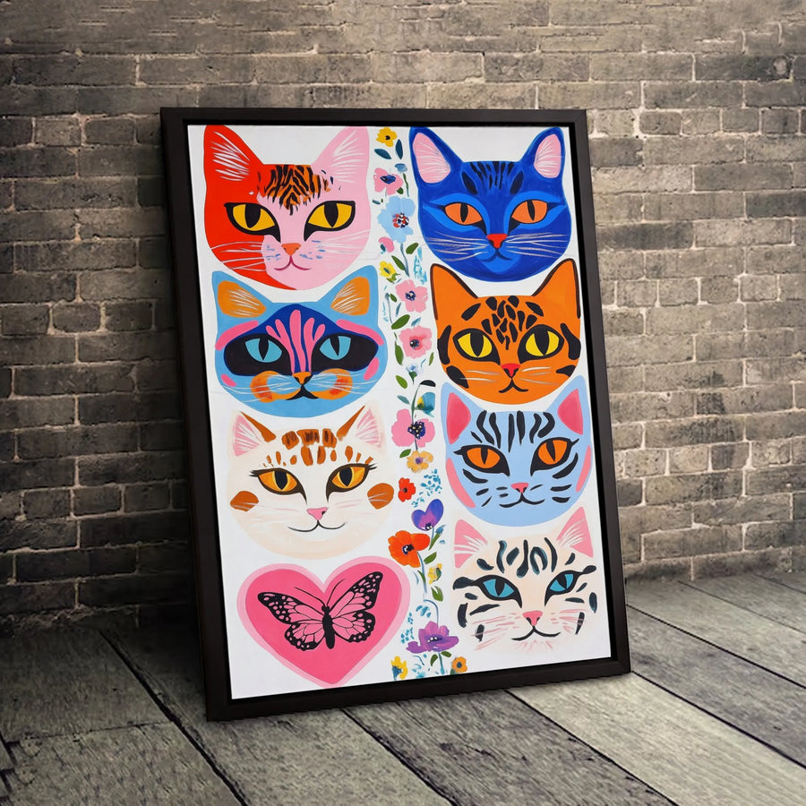 Colorful Cat Faces Canvas Wall Art | Pop Art Butterfly Floral Print | Premium Fade-Resistant Gallery Wrap | Whimsical Home Decor Gift