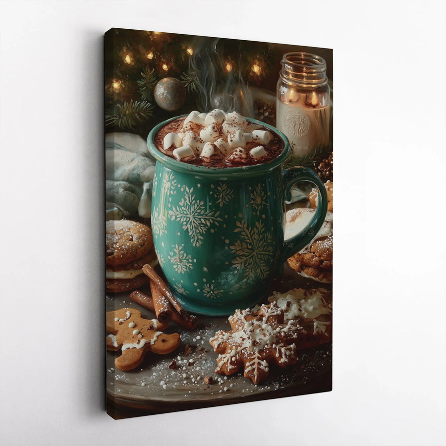 Cozy Christmas Hot Cocoa Canvas Wall Art | Festive Gingerbread & Marshmallow Mug Print | Premium Gallery Wrapped Decor | Holiday Kitchen Home Gift