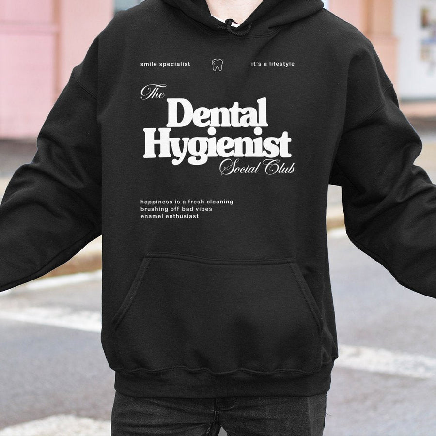 Dental Hygienist Social Club Hoodie | Smile Specialist Graphic Sweatshirt | Premium Cotton-Blend | Gift for Dental Hygienist or Dentist Student