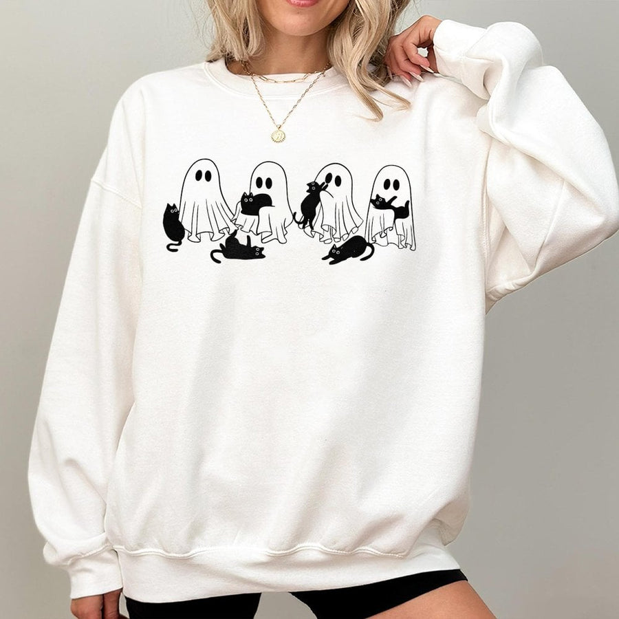 Ghost Cat Halloween Sweatshirt | Cute Spooky Kitten Graphic | Soft Cotton Blend Crewneck | Unisex Fall Gift for Cat Lovers