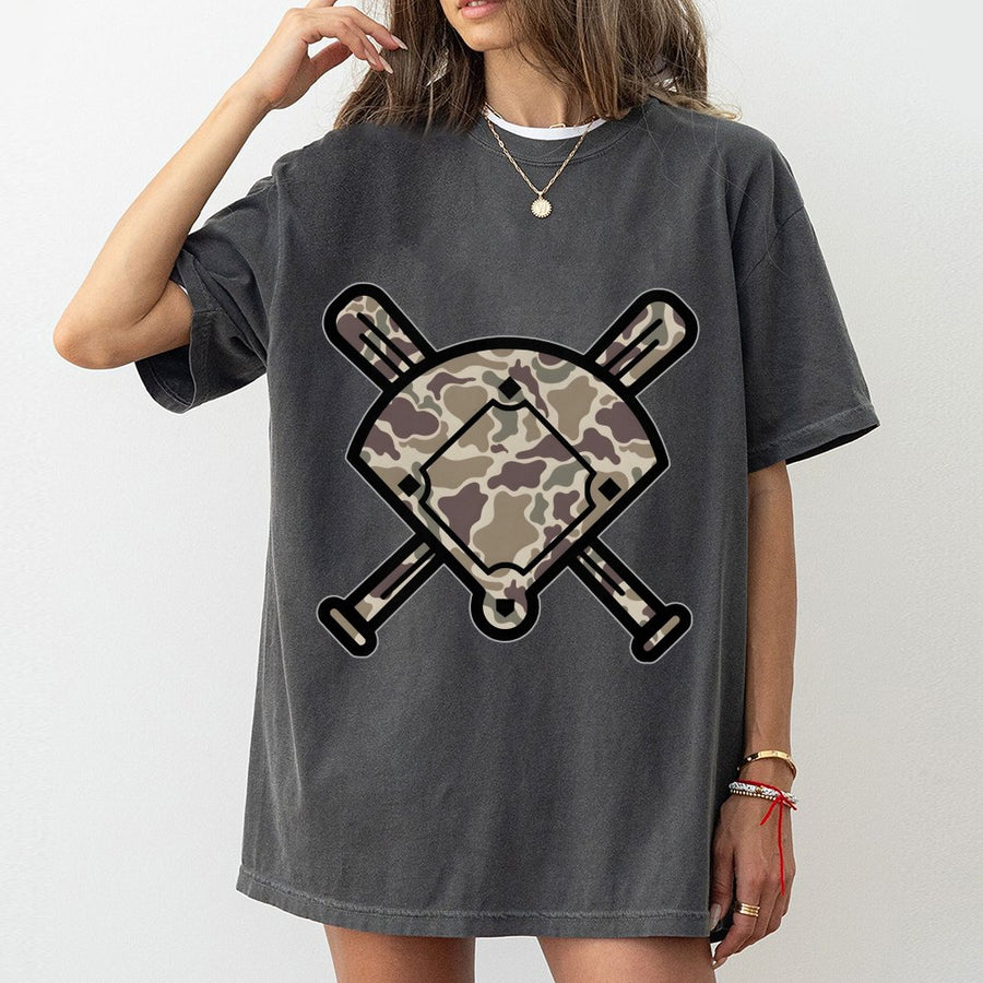 Baseball Camo T-Shirt | Crossed Bats Home Plate Graphic | 100% Soft Cotton | Sporty Gift For Baseball Players & Fans