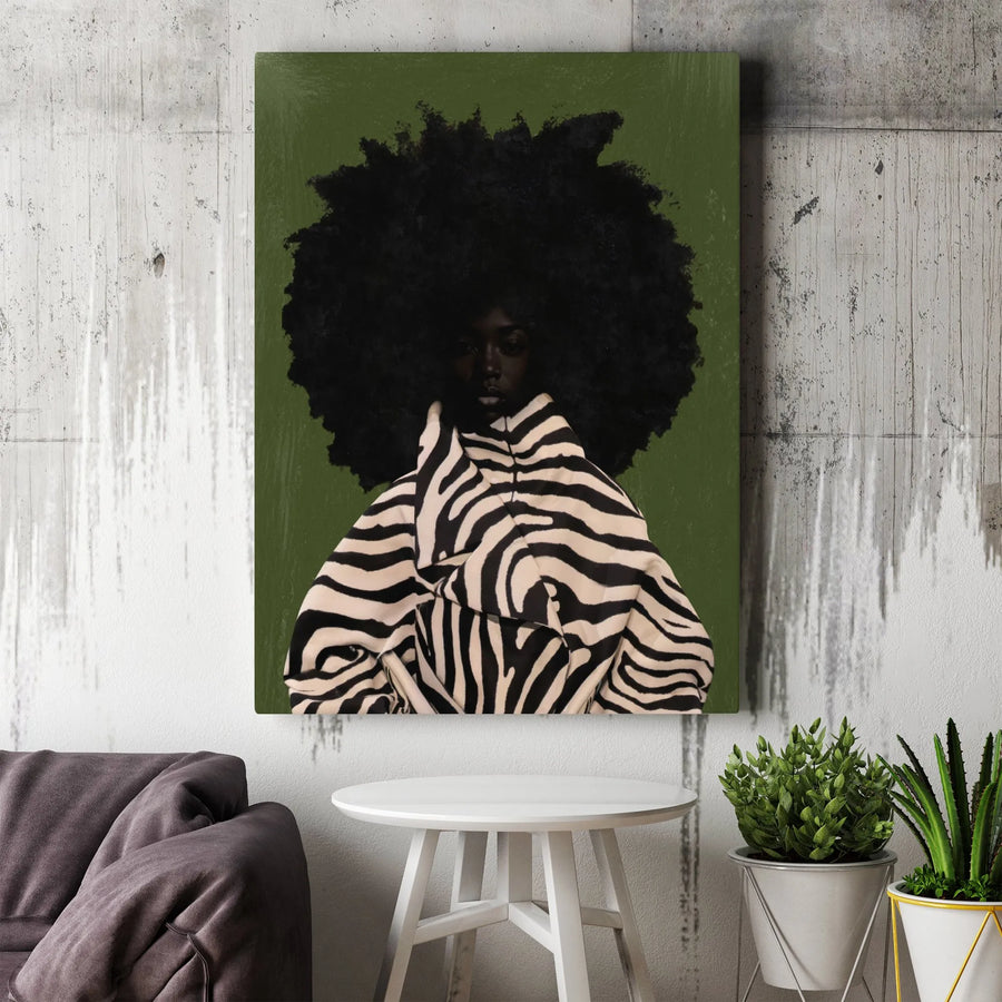 Black Woman Art Canvas Print | Modern Afro Portrait in Zebra Jacket | Premium Gallery Wrapped Canvas | Contemporary Home Decor Gift