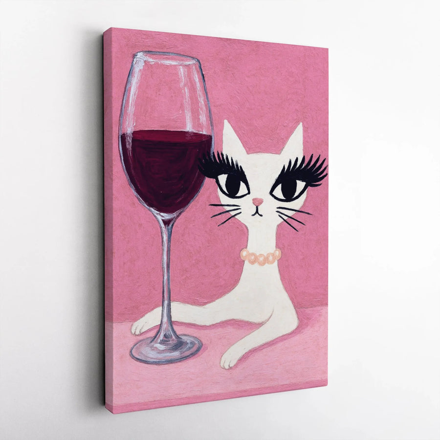 Glamorous White Cat Canvas Art | Wine Lover Painting with Eyelashes | 1.25 inch Gallery Wrap Print | Whimsical Home Decor Gift for Her