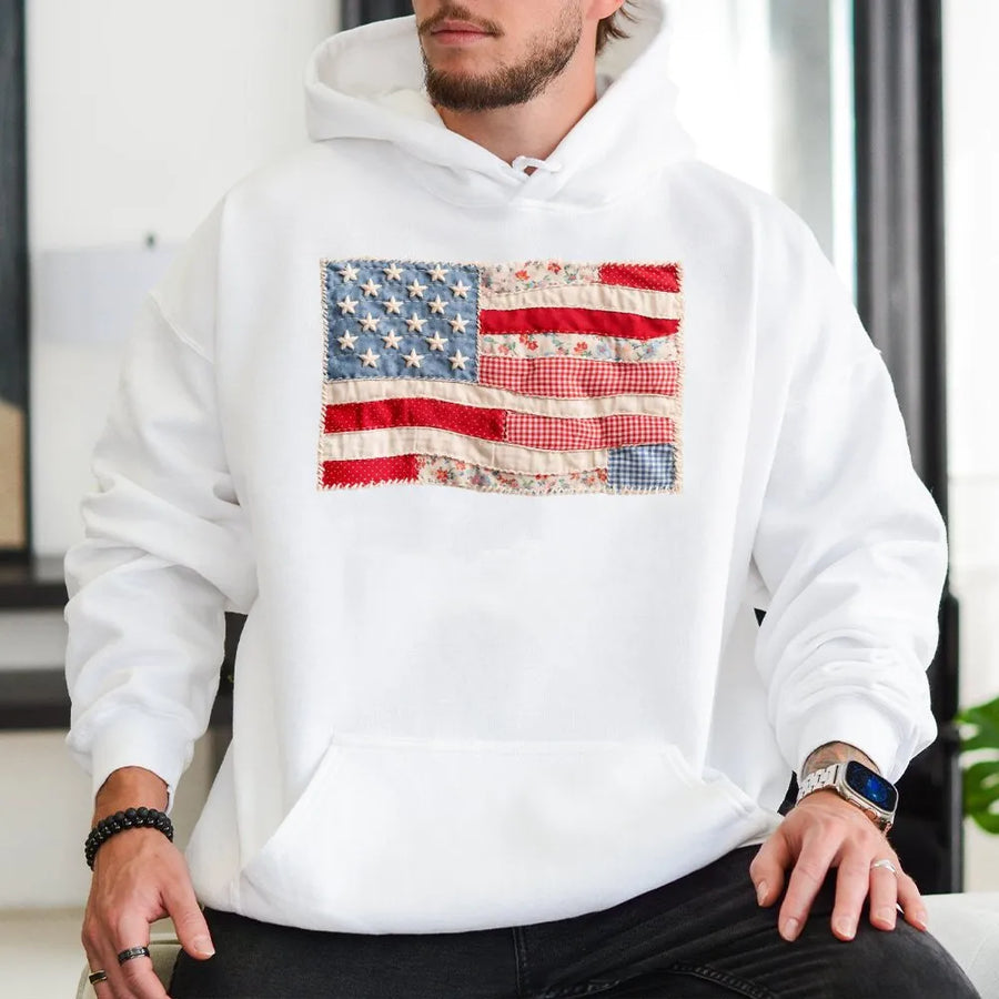 American Flag Hoodie | Vintage Quilt Style Patchwork Print | Soft Unisex Crewneck | Patriotic Fourth of July Gift