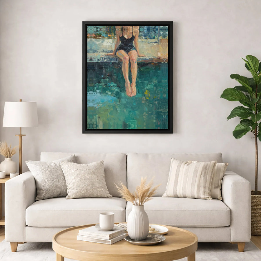 Woman Sitting By Pool Canvas Print | Abstract Oil Painting Style | Premium Fade-Resistant Gallery Wrap | Modern Home Decor Wall Art