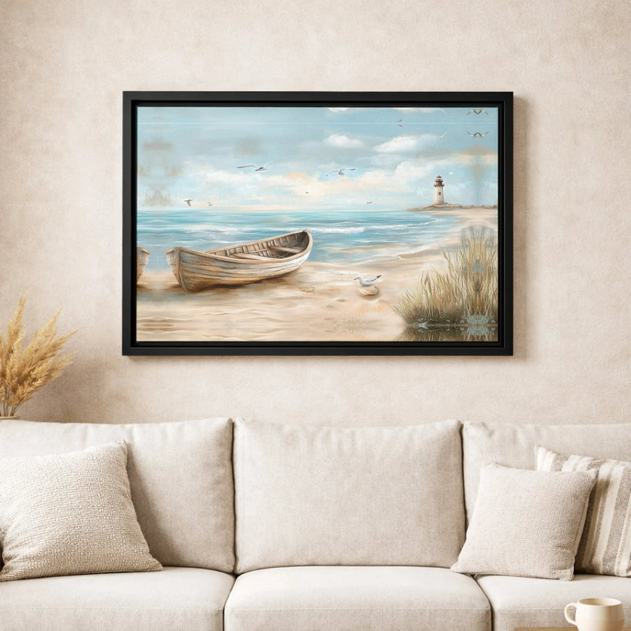 Coastal Beach Canvas Wall Art | Rowboat Lighthouse Seascape Painting | Premium Fade-Resistant Gallery Wrap | Nautical Home Decor Gift