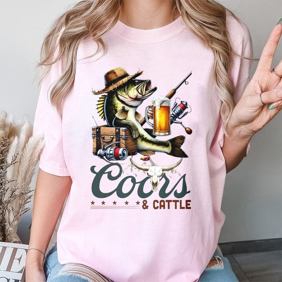 Coors T-Shirt, Beer Fishing T-Shirt For Men, Coors And Cattle Country Western T-Shirt, Bass Fishing Graphic With Cowboy Cattle