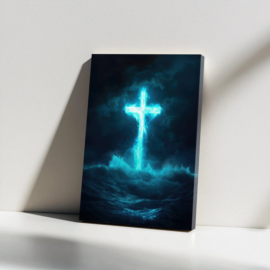 Glowing Cross Canvas Wall Art | Stormy Sea of Faith Religious Print | Premium Frameless Canvas | Christian Home Decor Gift