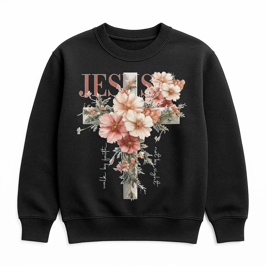 Jesus Floral Cross Sweatshirt | Walk By Faith Bible Verse Graphic | Premium Cotton Blend Christian Apparel | Religious Gift For Women