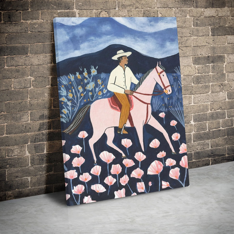 Southwestern Cowboy Canvas Art | Pink Horse Equestrian Print | Gallery Wrapped Premium Decor | Whimsical Western Wall Art for Modern Home
