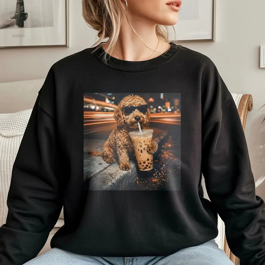 Funny Dog Sweatshirt | Poodle with Sunglasses Drinking Boba Tea | Premium Cotton Tee | Unique Gift for Dog Lover