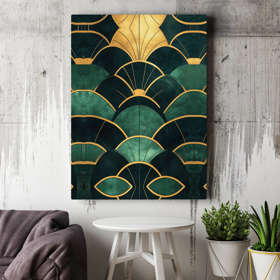 Art Deco Canvas Print | Emerald Green and Gold Geometric Pattern | Premium Thick Gallery Wrap Wall Art | Modern Living Room Home Decor Gift