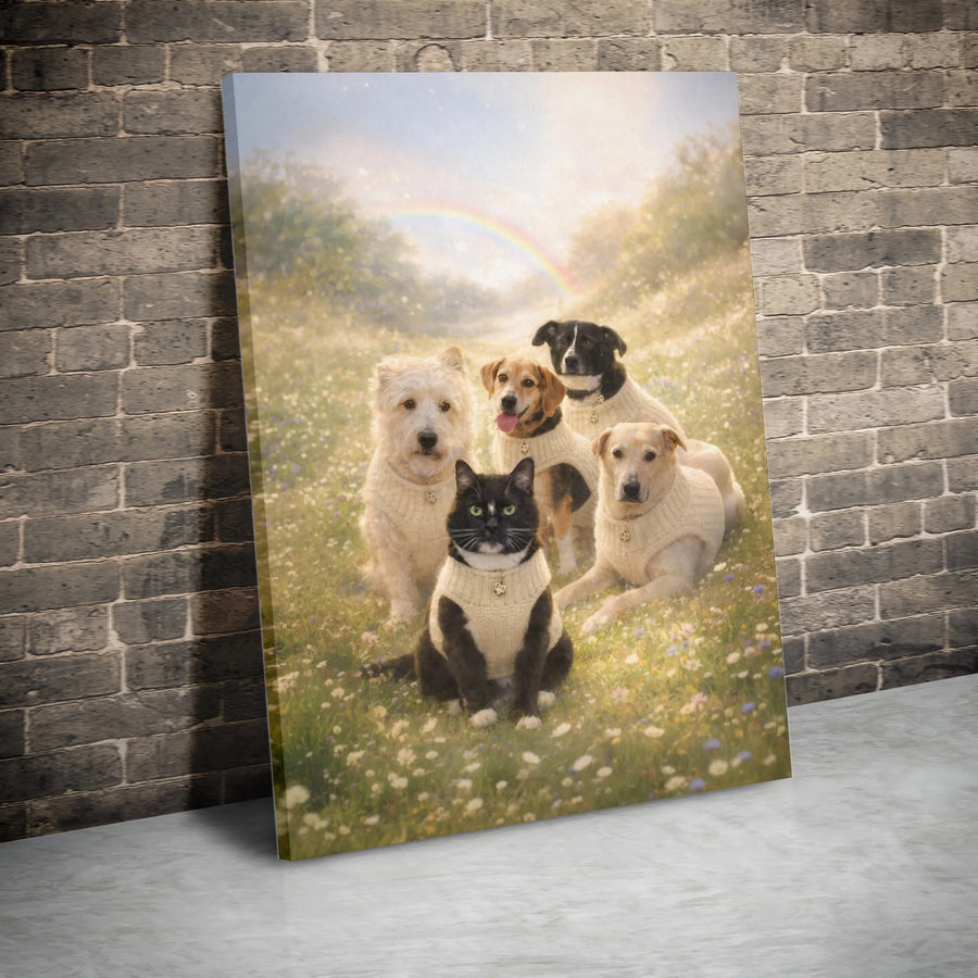 Pet Memorial Canvas Art | Dogs & Cat with Rainbow Bridge Scene | Premium Thick Gallery Wrap | Sympathy Gift for Pet Lover