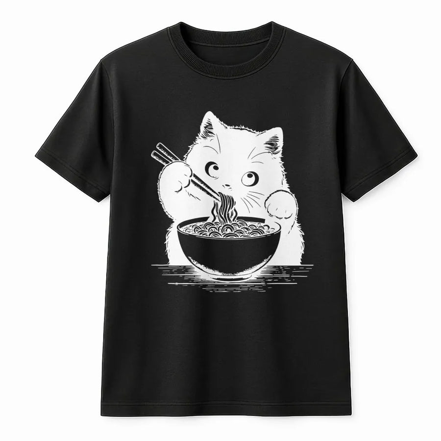 Ramen Cat T-Shirt | Kawaii Anime Noodle Eating Kitty Graphic | Premium Soft Cotton Tee | Cute Animal Lover Gift for Women and Men