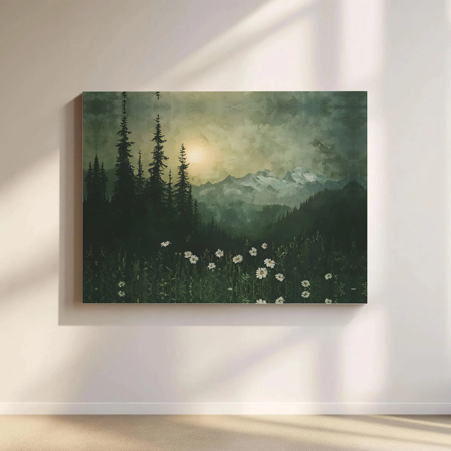 Mountain Forest Landscape Canvas | Misty Wildflower Field Sunrise Wall Art | Premium Fade-Resistant Print | Nature Lover Home Decor Gift