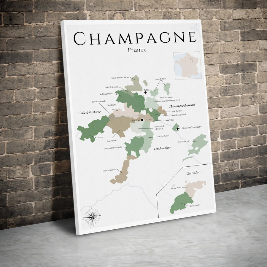 Champagne Wine Region Map Canvas | Detailed France Vineyard Art | Premium Gallery Wrapped Print | Gift for Wine Lovers & Sommelier Decor
