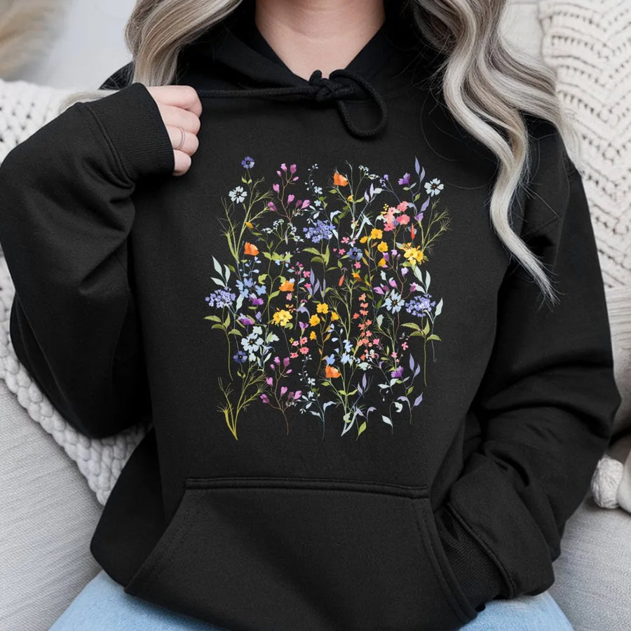 Wildflower Botanical Hoodie | Vintage Pressed Flowers Graphic | Premium Cotton-Blend Sweatshirt | Boho Cottagecore Gift for Gardener