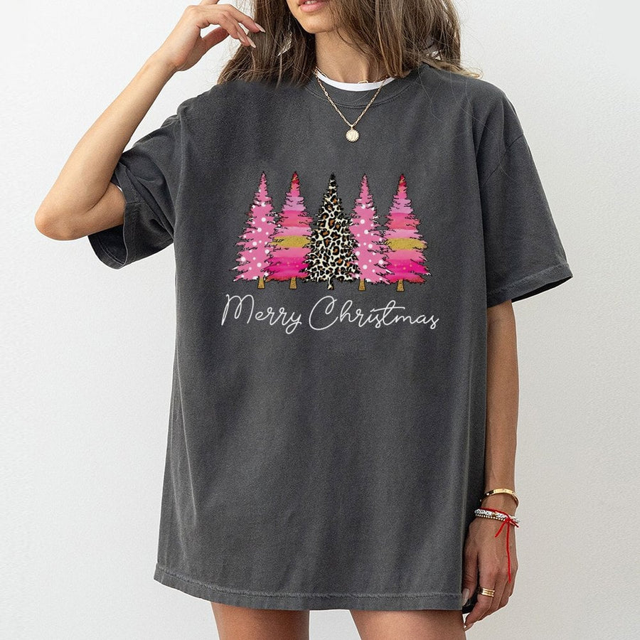 Merry Christmas Pink Leopard Tree T-Shirt | Trendy Holiday Animal Print Graphic Tee | Premium 100% Cotton Soft Fabric | Cute Women's Christmas Gift