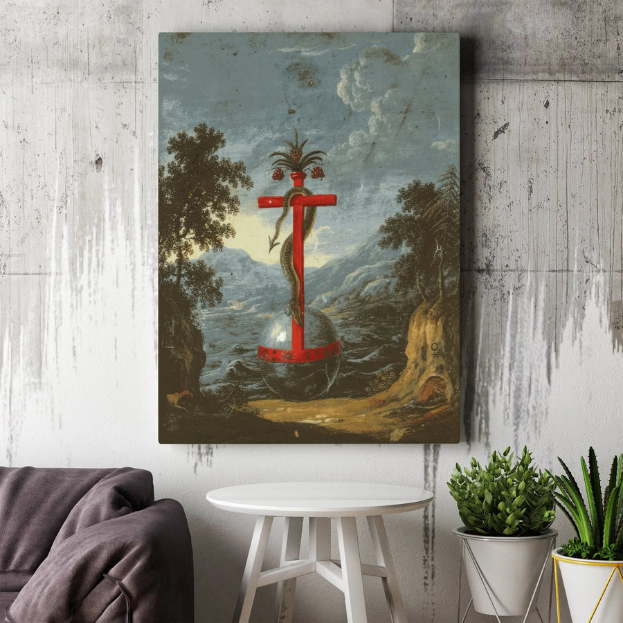 Alchemical Art Canvas Print | Vintage Esoteric Painting with Serpent & Red Cross | Premium Gallery Wrap Canvas | Collector's Occult Home Decor