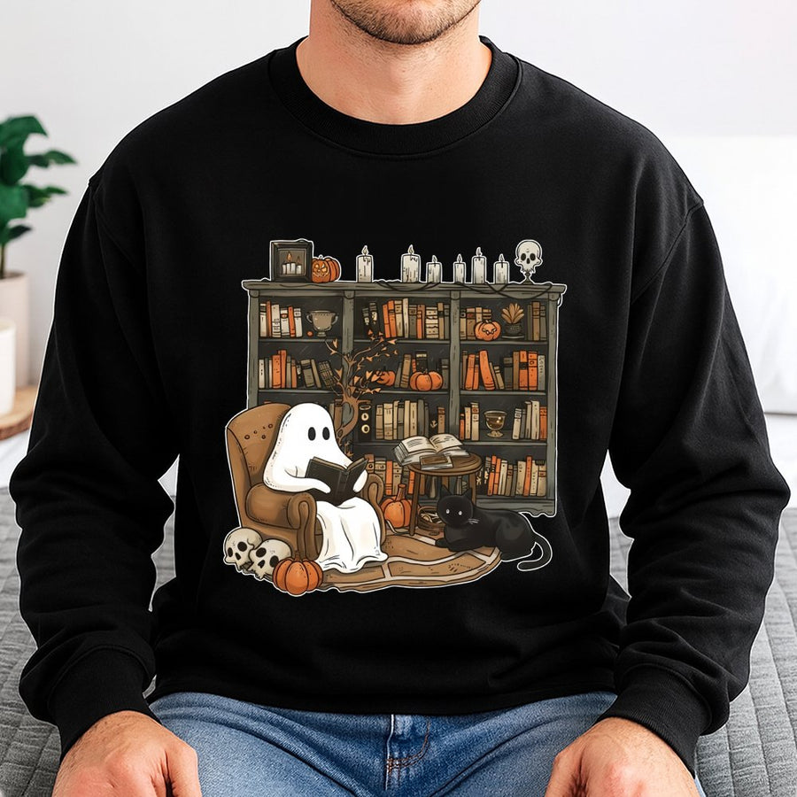 Ghost Reading Books Sweatshirt | Cute Librarian Halloween Graphic | Soft Cotton Blend Cozy Pullover | Bookworm Fall Gift For Her