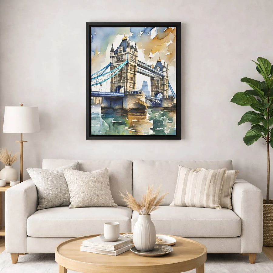 London Tower Bridge Wall Art | Watercolor Cityscape Painting | Premium Gallery Wrapped Canvas | British Travel Decor Gift