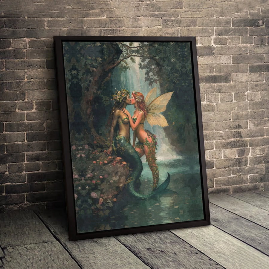 Mermaid and Fairy Fantasy Wall Art | Lesbian Romance Illustration | Premium Gallery Wrapped Canvas | Enchanted Forest Decor Gift