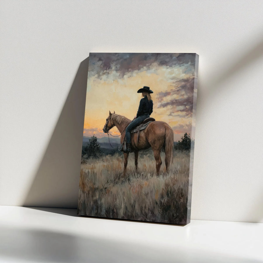 Cowgirl on Horse Canvas Wall Art | Rustic Western Sunset Painting | Premium Gallery Wrapped Decor | Equestrian Farmhouse Gift for Her
