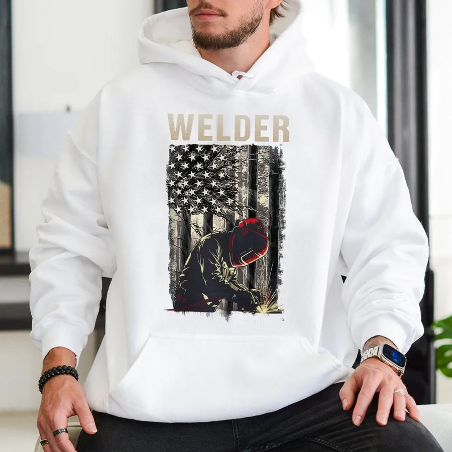Welder Hoodie | Distressed American Flag Welding Design | Premium Cotton Blend Sweatshirt | Unique Gift for Welder, Metalworker, Ironworker