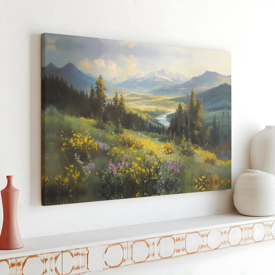 Mountain Valley Landscape Canvas Art | Wildflower River Meadow Wall Decor | Premium 1.25" Gallery Wrap | Nature Lover Home Gift