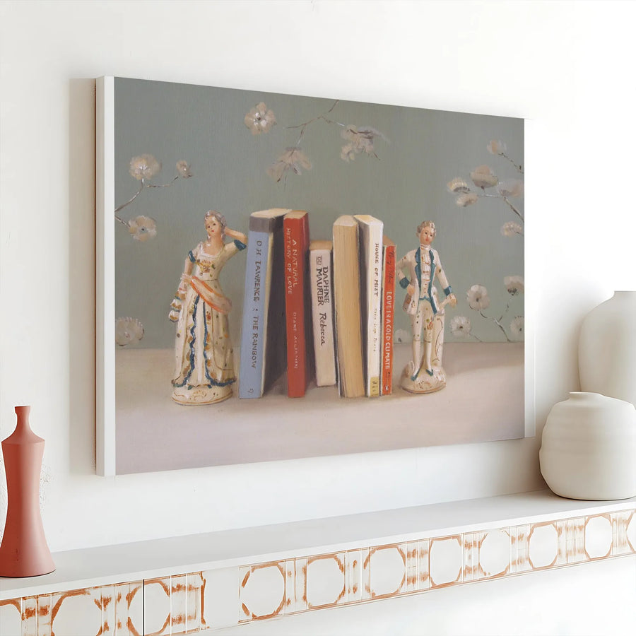 Vintage Bookshelf Canvas Art | Romantic Still Life with Figurines & Novels | Premium Gallery Wrapped Print | Gift for Book Lovers