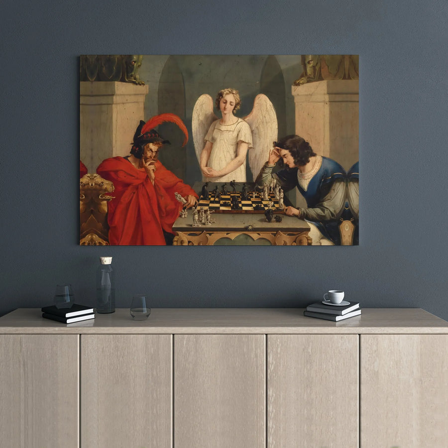 The Chess Players Canvas Wall Art | Moritz Retzsch Devil vs Man Painting | Premium Gallery Wrap Print | Gothic Home Decor & Office Gift