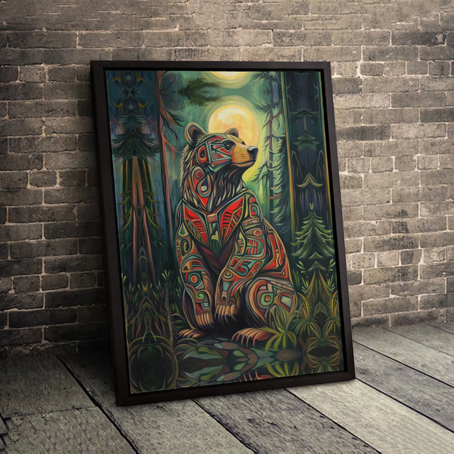 Tribal Bear Wall Art | Forest Moon Wildlife Canvas Print | Premium Fade-Resistant Gallery Wrap | Gift for Nature Lovers