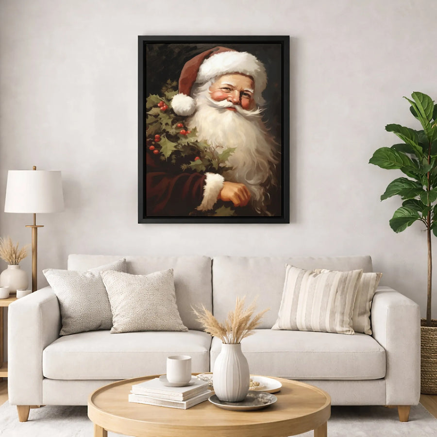 Vintage Santa Claus Wall Art | Traditional Christmas Portrait with Holly | Premium Gallery-Wrapped Canvas | Holiday Home Decor Gift