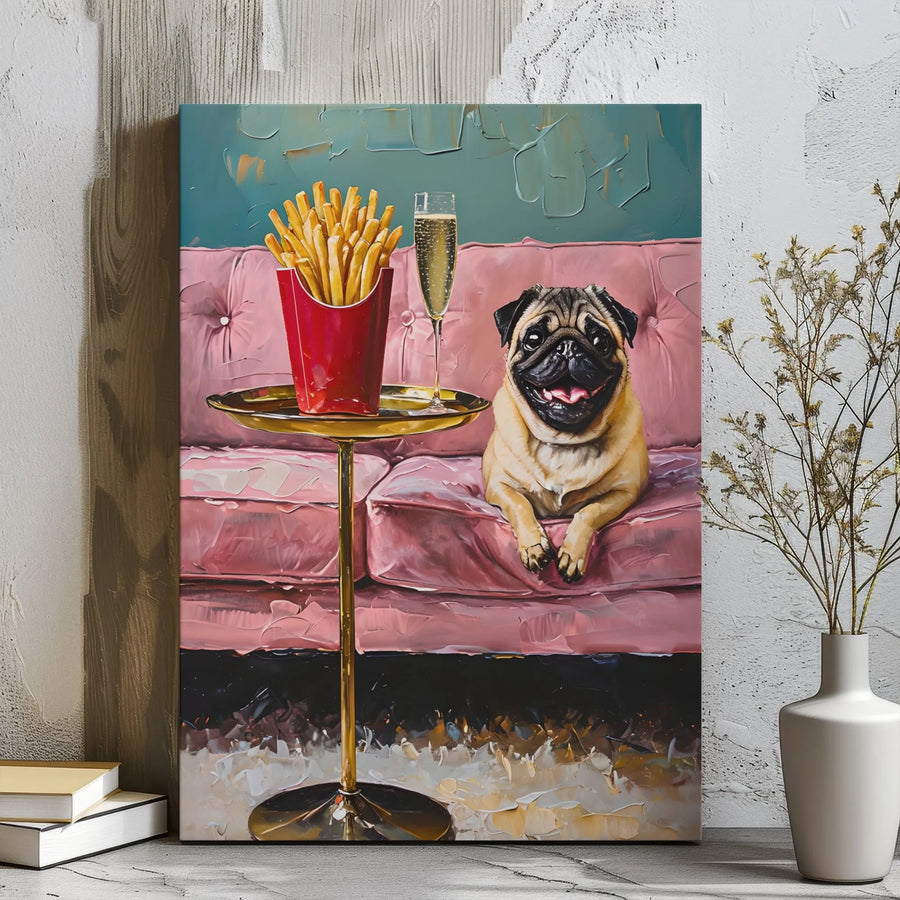 Pug Wall Art Canvas | Whimsical French Fries and Champagne Oil Painting | 1.25" Gallery Wrap | Unique Dog Lover Gift for Home Decor