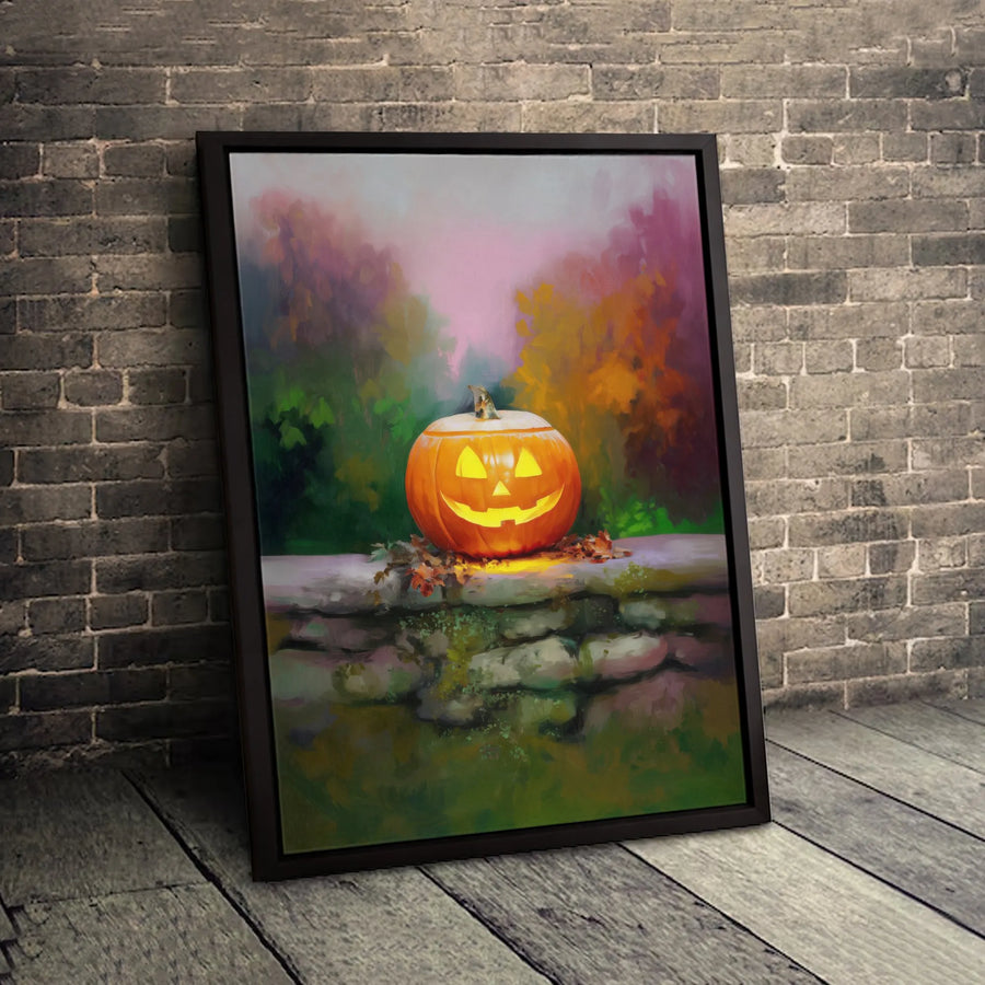 Halloween Jack-O'-Lantern Canvas | Spooky Autumn Forest Stone Wall | Premium Fade-Resistant Wall Art | Rustic Fall Home Decor Gift