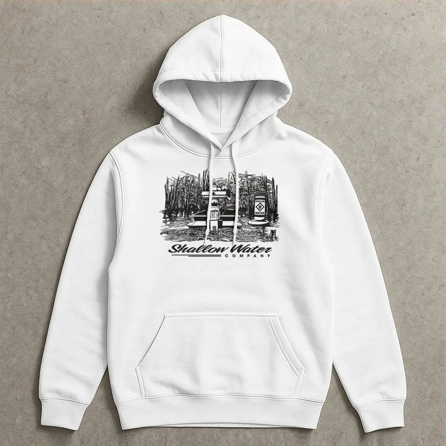 Shallow Water Boat Hoodie | Marsh Duck Hunting Graphic Design | Premium Cotton Blend | Outdoor Lifestyle Gift For Outdoorsmen